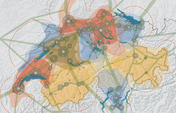Die Schweiz, aufgeteilt in Räume (Version von 2012, damals noch mit vier mittelstädtischen Räumen).