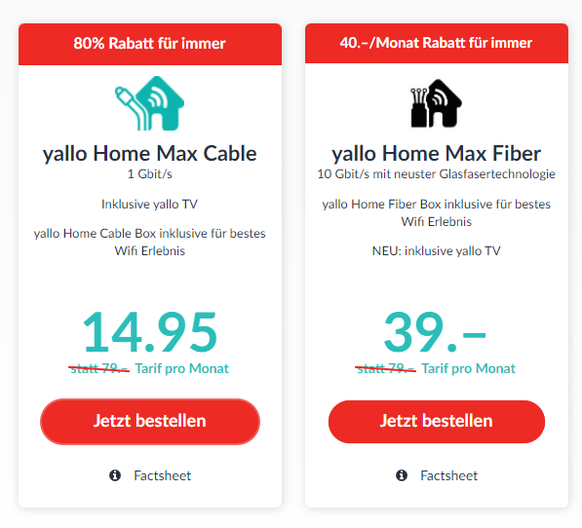 Zur Einführung konnte das Internet- und TV-Abo Home Max Cable für 15 statt 79 Franken pro Monat bestellt werden. «80% Rabatt für immer», verspricht Yallo.