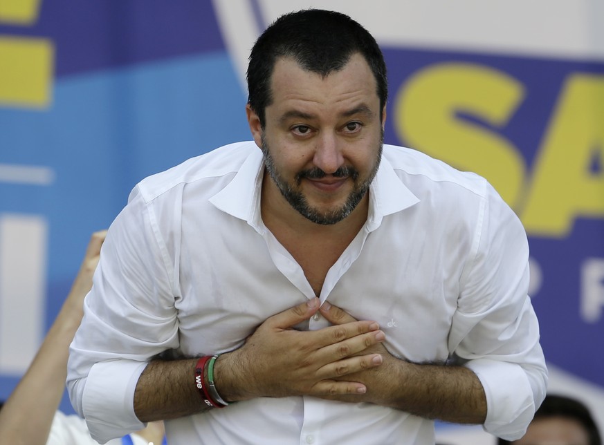 Matteo Salvini bows to the audience during the traditional League party rally in Pontida, northern Italy, Sunday, July 1, 2018. Italian Interior Minister, and right-wing Northern League Leader Matteo  ...