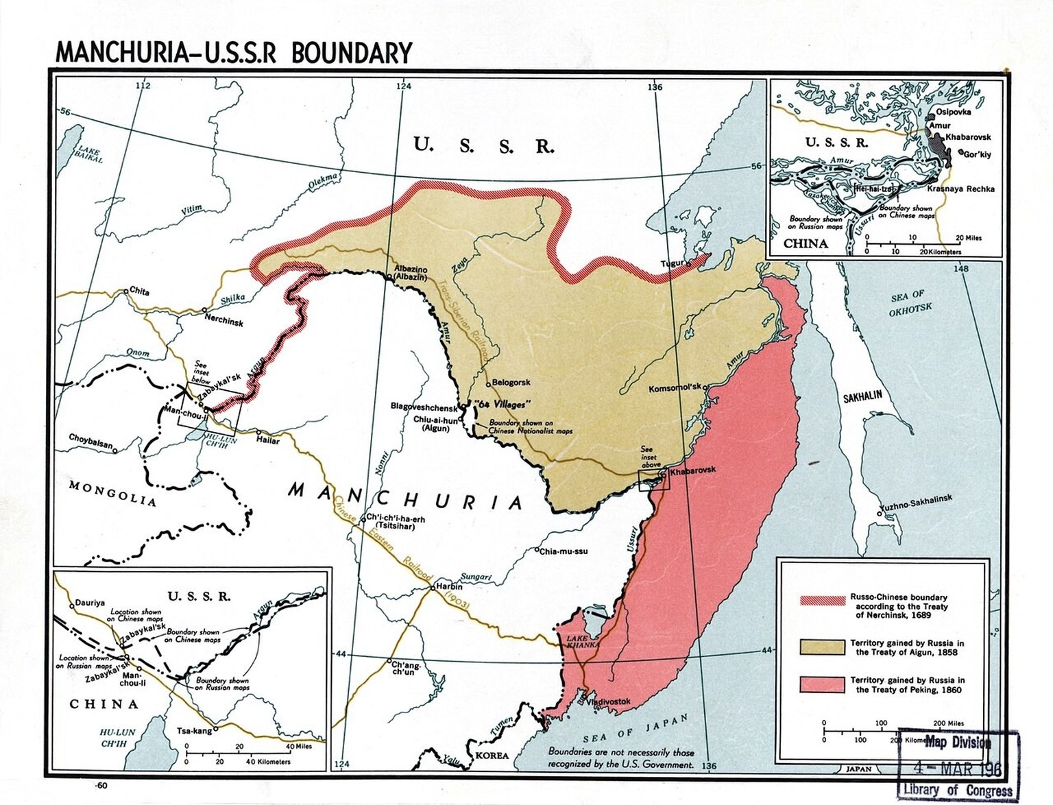 Abtretungen von China an Russland in den Verträgen von Aigun (1858) und Peking (1860).
https://de.wikipedia.org/wiki/Vertrag_von_Aigun#/media/Datei:MANCHURIA-U.S.S.R_BOUNDARY_Ct002999.jpg