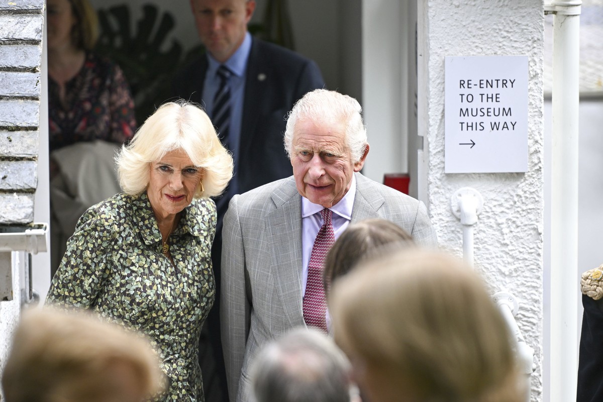 Britain's King Charles III and Queen Camilla during a visit to the Barbara Hepworth Museum and Sculpture Garden in St Ives, Cornwall, England, Thursday July 13, 2023. (Finnbarr Webster/PA via AP)