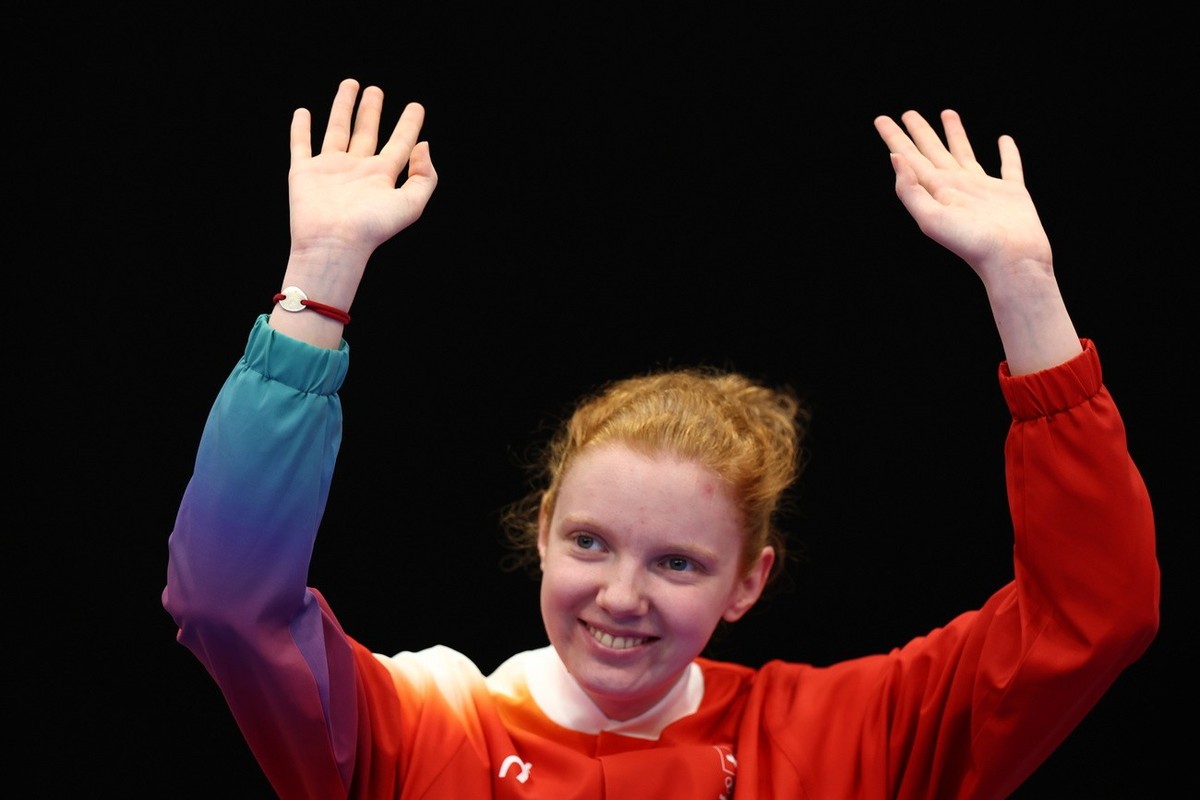 epa11505061 Bronze medalist Audrey Gogniat of Switzerland poses during the medal ceremony for the 10m Air Rifle Women event of the Shooting competitions in the Paris 2024 Olympic Games at the Shooting ...