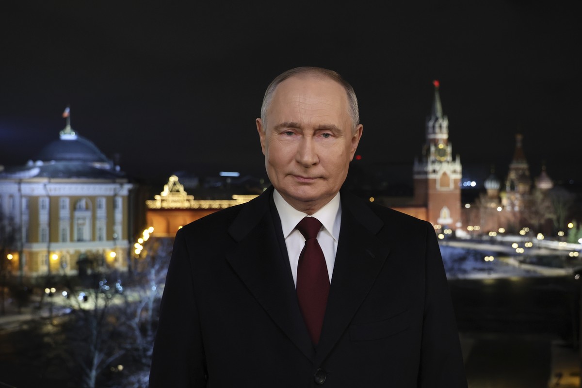 Russian President Vladimir Putin speaks during a recording of his annual televised New Year's message on New Year's Eve in the Kremlin in Moscow, Russia, Sunday, Dec. 31, 2023. (Gavriil Grig ...