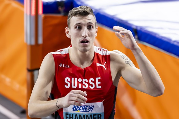 Simon Ehammer of Switzerland reacts during the heptathlon high jump event at the World Athletics Indoor Championships at the Emirates Arena in Glasgow, Scotland, on Saturday, March 2, 2024. (KEYSTONE/ ...