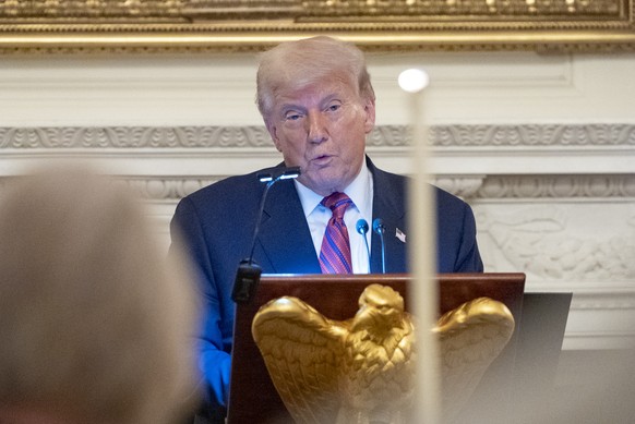 President Donald Trump speaks during a dinner for Republican senators in the State Dining Room of the White House, Friday, July 18, 2025, in Washington. (AP Photo/Alex Brandon)
Donald Trump