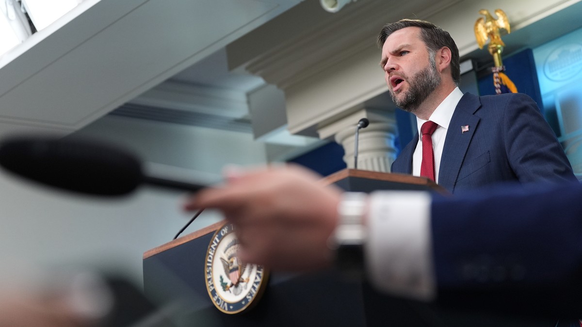 Vice President JD Vance speaks with reporters in the James Brady Press Briefing Room at the White House, Thursday, Sept. 3, 2026, in Washington. (AP Photo/Alex Brandon) CORRECTION: Date corrected to S ...