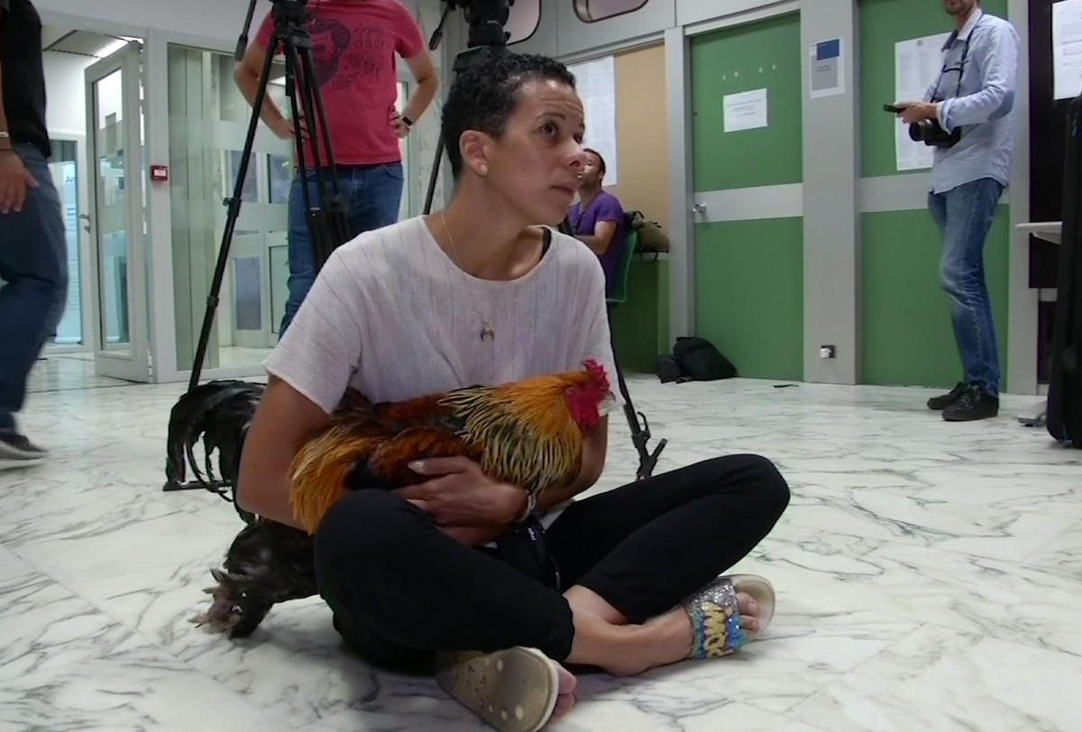 In this image made from video provided by BFMTV, a neighbor of Corinne Fesseau sits inside the tribunal holding her own rooster, during court proceedings in Saint-Pierre-d'Oleron, France, Thursda ...