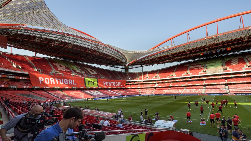 Switzerland&#039;s soccer players in action during a training session, at the Estadio da Luz stadium, in Lisbon, Portugal, Monday, October 9, 2017. Portugal will face Switzerland on October 10 in thei ...