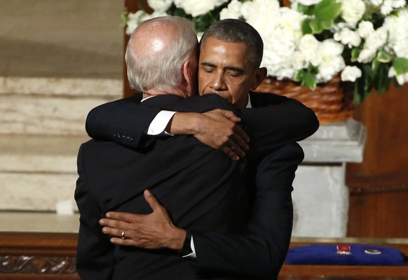 FILE - In this June 6, 2015, file photo, then=President Barack Obama hugs then-Vice President Joe Biden during funeral services for Biden&#039;s son, Beau Biden, at St. Anthony of Padua Church in Wilm ...