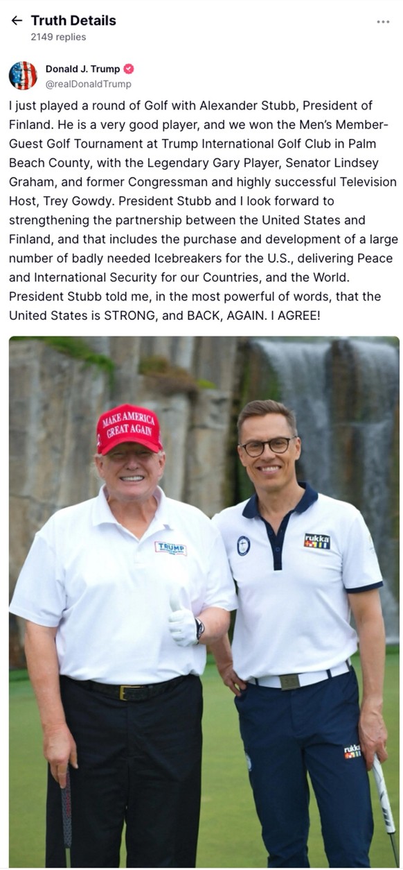 Sport-Diplomatie: Finnlands Präsident Alexander Stubb (rechts) ist ein hervorragender Golfspieler und das macht US-Präsident Donald Trump Eindruck.