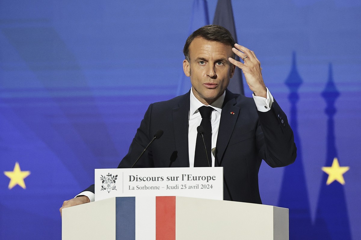 French President Emmanuel Macron delivers a speech on Europe in the amphitheater of the Sorbonne University, Thursday, April 25 in Paris. 2024. French President Emmanuel Macron will outline his vision ...