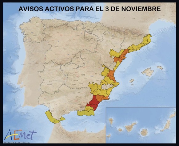 Für die Region Almería (rot) wurde eine Wetterwarnung herausgegeben.
