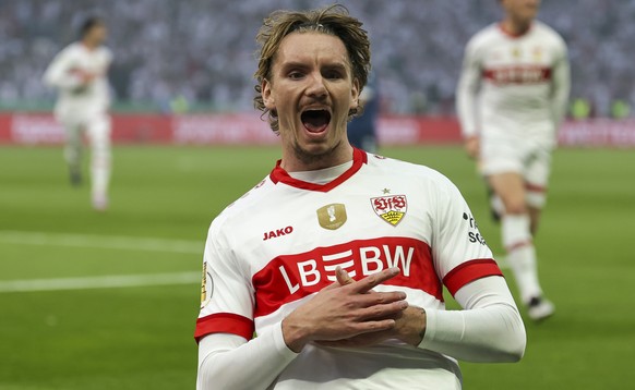 epa12132013 Nick Woltemade of Stuttgart celebrates after scoring the 1-0 lead during the German DFB Cup final soccer match between Arminia Bielefeld and VfB Stuttgart in Berlin, Germany, 24 May 2025. ...