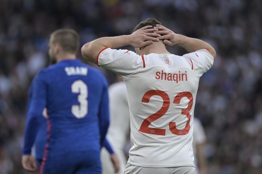 Switzerland&#039;s Xherdan Shaqiri during a friendly soccer match between England and Switzerland, at the Wembley Stadium in London, England, on Saturday, March 26, 2022. (KEYSTONE/Georgios Kefalas)