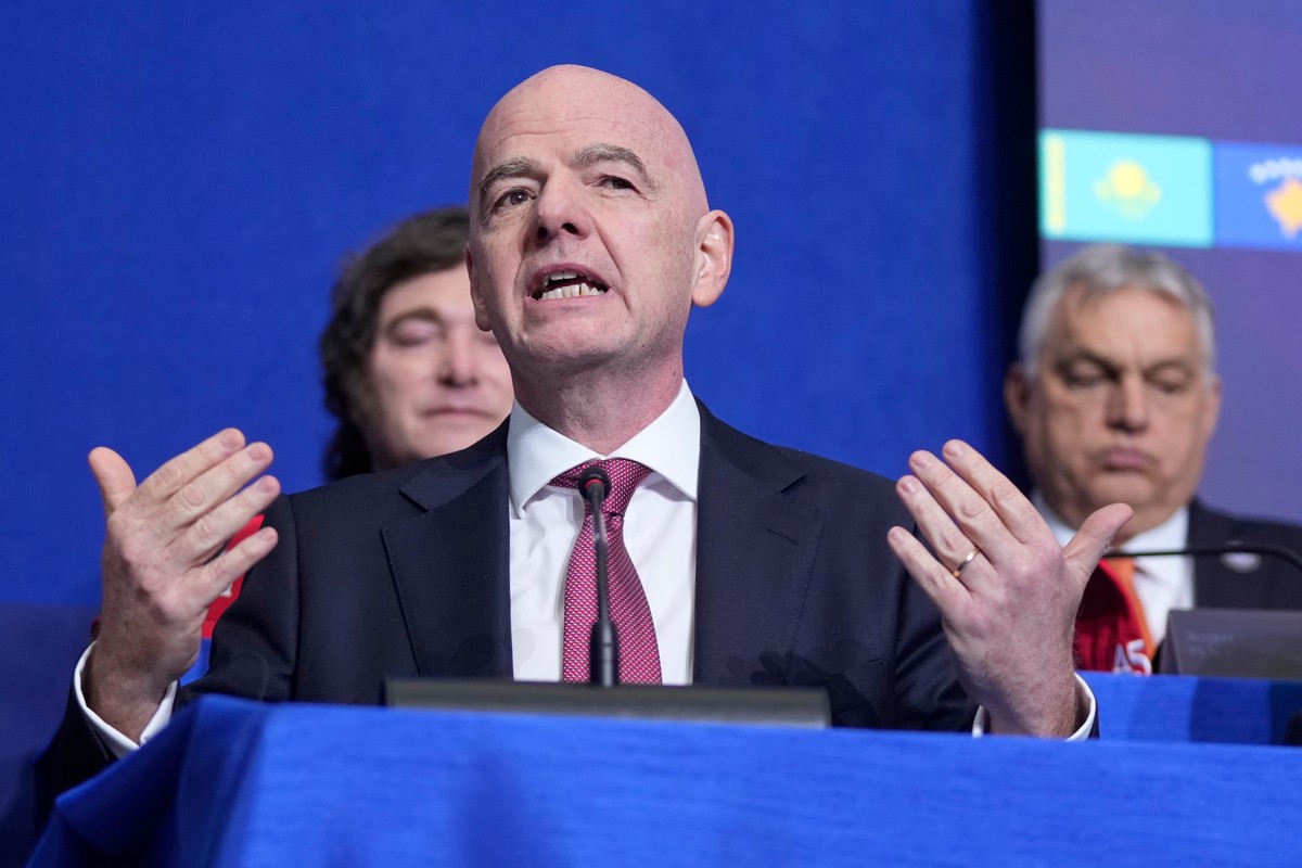FIFA President Gianni Infantino speaks during a Board of Peace meeting at the U.S. Institute of Peace, Thursday, Feb. 19, 2026, in Washington. (AP Photo/Mark Schiefelbein)
Gianni Infantino