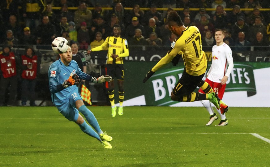 Football Soccer - Borussia Dortmund v RB Leipzig - German Bundesliga - Signal Iduna Park, Dortmund, Germany - 4/2/17 - Borussia Dortmund&#039;s Pierre-Emerick Aubameyang scores a goal. REUTERS/Wolfgan ...