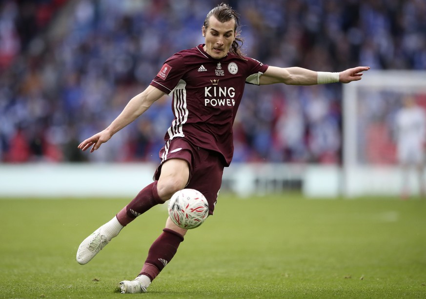 epa09202582 Caglar Soyuncu of Leicester in action during the English FA Cup final between Chelsea FC and Leicester City at the Wembley Stadium in London, Britain, 15 May 2021. EPA/Nick Potts / POOL ED ...