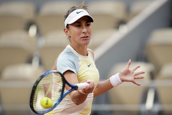 Belinda Bencic of Switzerland plays a shot against Canada&#039;s Bianca Andreescu during their second round match at the French Open tennis tournament in Roland Garros stadium in Paris, France, Wednes ...