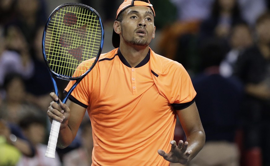 epa05575791 Nick Kyrgios of Australia celebrates after defeating Gael Monfils of France in the men&#039;s singles semifinal match at the Japan Open Tennis Championships in Tokyo, Japan, 08 October 201 ...