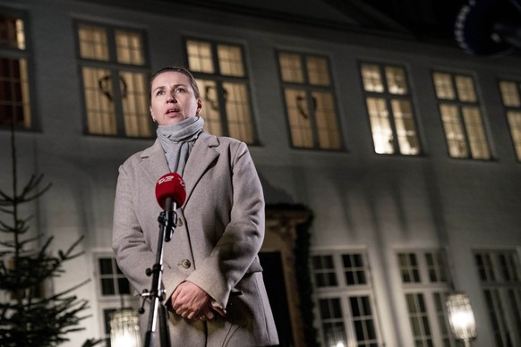 File - Mette Frederiksen chair of The Social Democrats and acting Prime Minister takes to the press during government negotiations at Marienborg in Copenhagen, Sunday Dec. 11, 2022. (Liselotte Sabroe/ ...