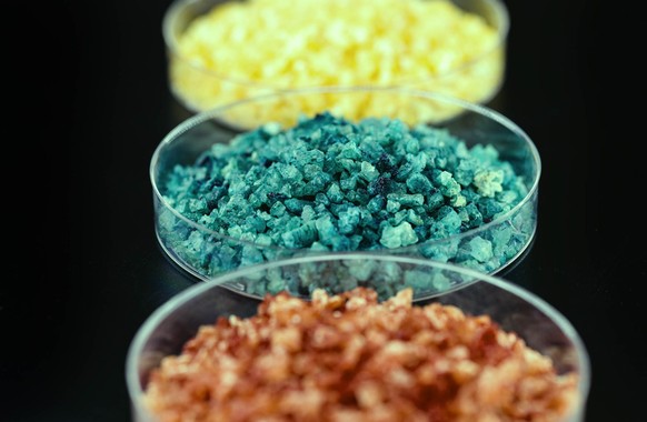 Molten chloride salts, crystals and crystallized sediments of rare earth metals, chemicals used in industry for the production of various industrial items, in petri dishes