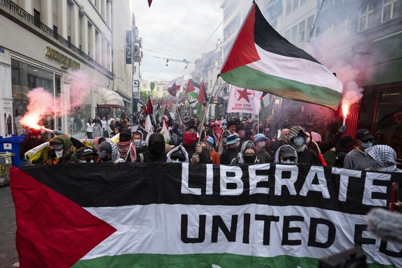 KEYPIX - Pro Palestine demonstration at the 69th Eurovision Song Contest at the Barfuesserplatz in Basel, Switzerland, on Saturday, May 17, 2025. (KEYSTONE/Peter Schneider)