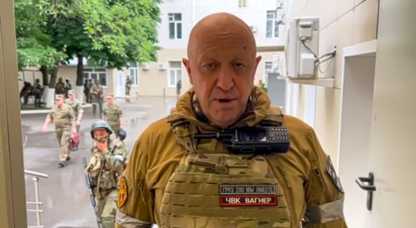In this handout photo taken from video released by Prigozhin Press Service, Yevgeny Prigozhin, the owner of the Wagner Group military company, records his video addresses in Rostov-on-Don, Russia, Sat ...