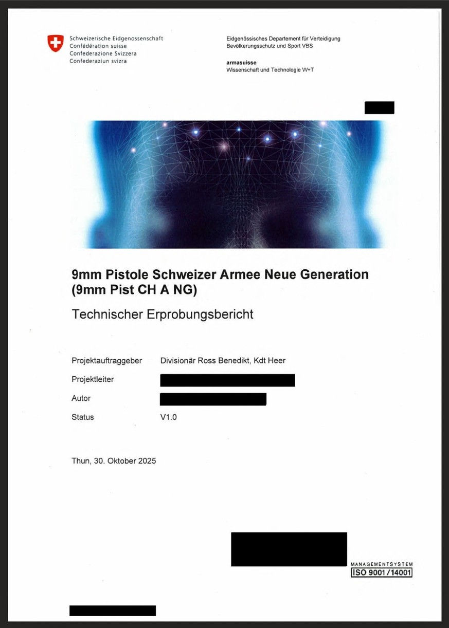 Technischer Erprobungsbericht zur neuen Schweizer Armeepistole (9mm Pist CH A NG), veröffentlicht im Oktober 2025.