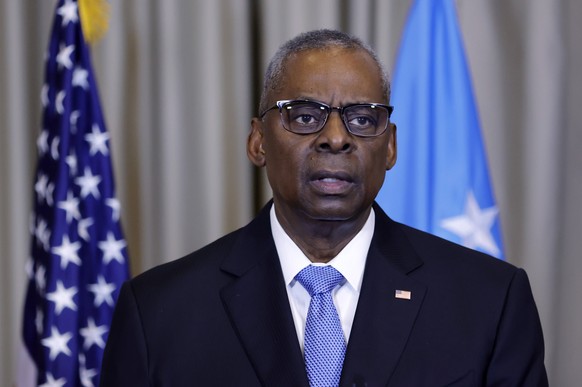 epa11229768 U.S. Secretary of Defense Lloyd J. Austin III speaks during press conference after the sixth meeting of Ukraine Defense Contact Group at the US Air Base in Ramstein, Germany, 19 March 2024 ...