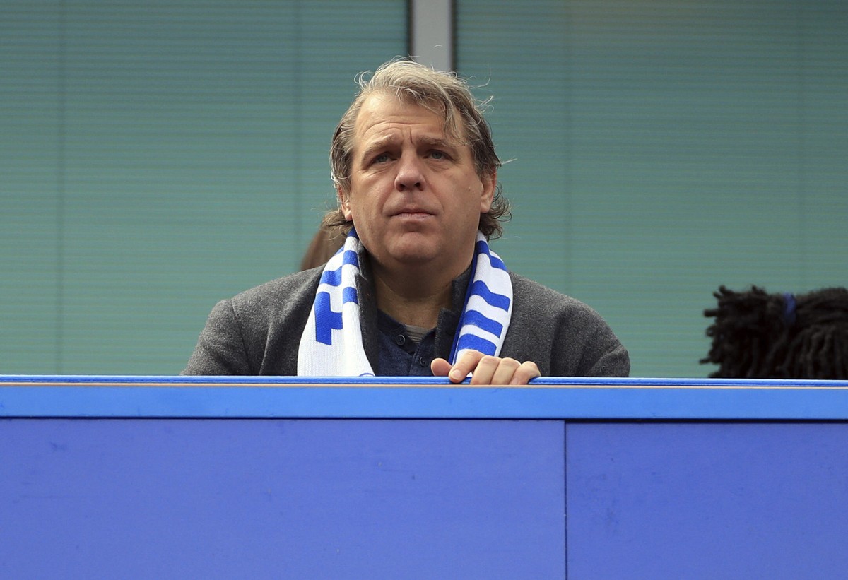 Chelsea owner Todd Boehly looks on, ahead of the Women's Champions League semi-final first leg soccer match between Chelsea and Barcelona, at Stamford Bridge, London, Saturday April 22, 2023. (Br ...