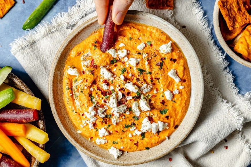 Feta and red pepper dip. 

https://www.ambitiouskitchen.com/wp-content/uploads/2025/03/Spicy-Roasted-Red-Pepper-Feta-Dip-4.jpg