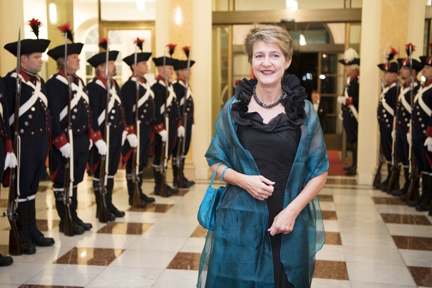 Swiss Justice Minister Simonetta Sommaruga poses for photographers during a Gala Dinner at Bernerhof in Bern, Switzerland, Monday, October 17, 2016. President of the Republic of Portugal Marcelo Rebel ...