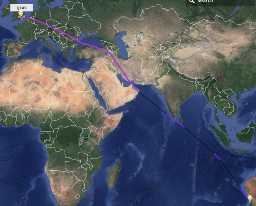 Perth-London nonstop: die Flugroute.&nbsp;