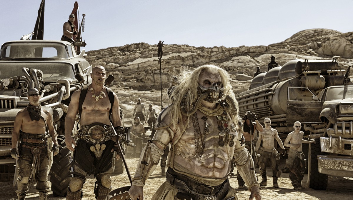 This photo provided by Warner Bros. Pictures shows Hugh Keays-Byrne as Immortan Joe, wearing a costume by Jenny Beavan, in a scene from, "Mad Max:Fury Road." Beavan is nominated for an Oscar ...