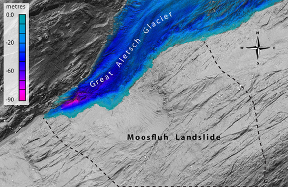 Die Falschfarbenbilder machen deutlich, wie stark der Aletschgletscher zwischen 2005 und 2011 an seiner Zunge geschrumpft ist. (Grafik: A. Kos / ETH Zürich / Terrasense)