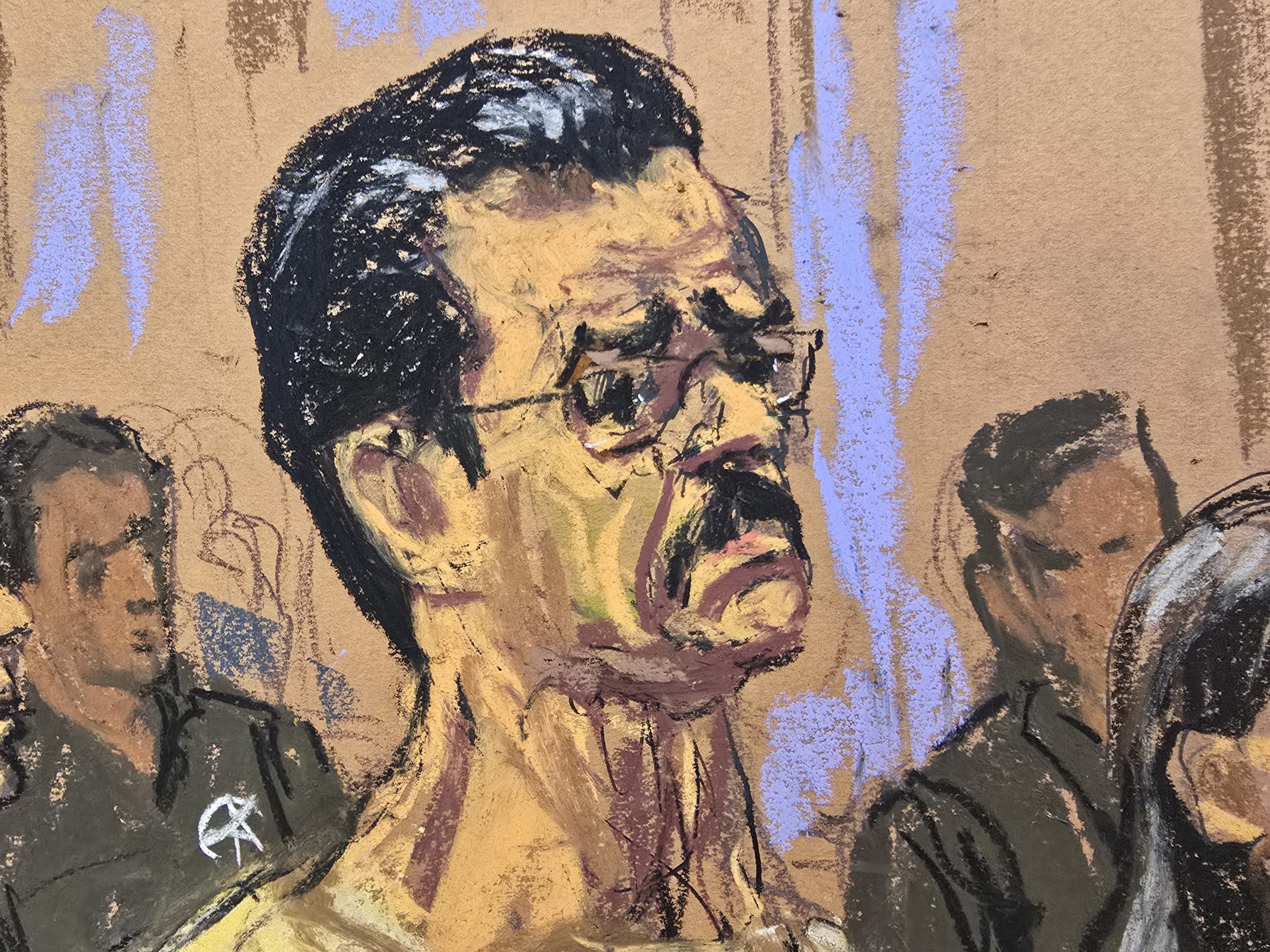 In this courtroom sketch, former Venezuela President Nicholas Maduro attends a pretrial hearing in a drug trafficking case for Maduro and his wife, Cilia Flores, Wednesday, July 22, 2026, at Manhattan ...