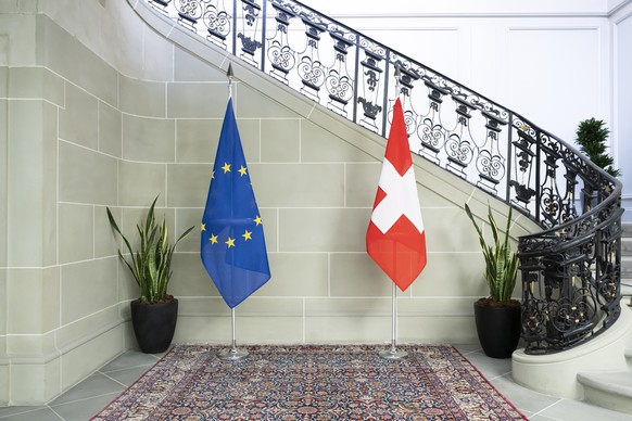The European flag and the Swiss flag pictured during an official visit to Switzerland of Marija Pejcinovic Buric, Secretary General of the Council of Europe, at the Von Wattenwyl Haus, in Bern, Switze ...
