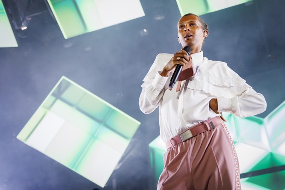 Belgian singer Stromae performs on the main stage during the 45th edition of the Paleo Festival, in Nyon, Switzerland, Sunday, July 24, 2022. The Paleo is the largest open-air music festival in the we ...