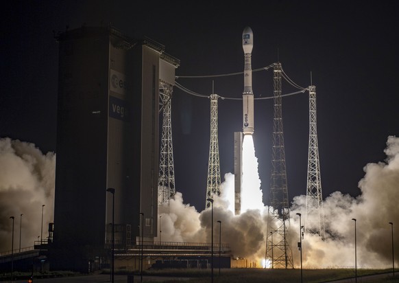 Vega-C rocket lifting off from its launch pad at the Kourou space base, French Guiana, Tuesday, Dec. 20, 2022. The launch of a European Vega C rocket carrying two Airbus satellites failed less than th ...