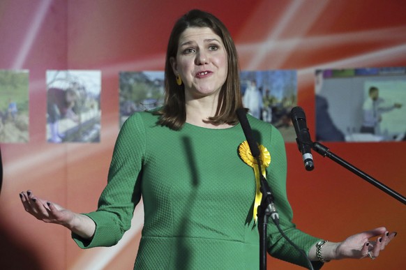 Lib Dem leader Jo Swinson speaks after the count declaration of her East Dumbartonshire constituency, at the Leisuredome, Bishopbriggs, Scotland, Friday Dec. 13, 2019. (Jane Barlow/PA via AP)