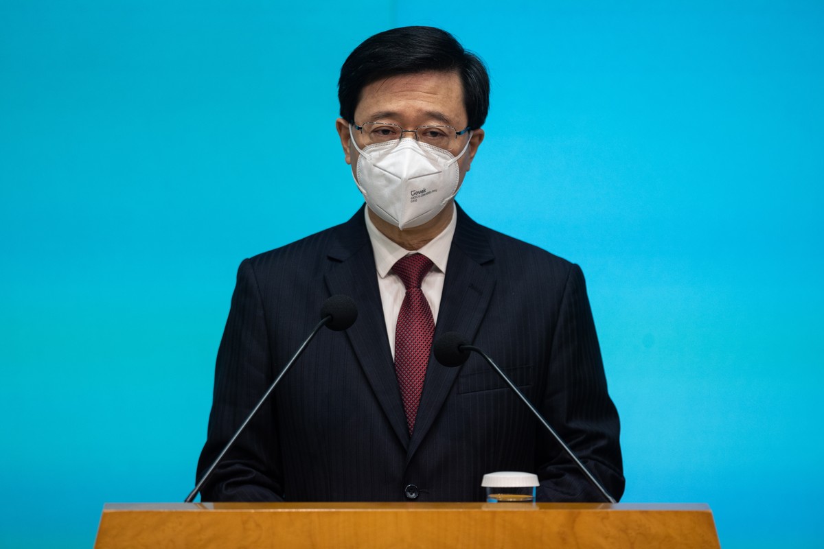 epa10052631 Hong Kong Chief Executive John Lee Ka-chiu speaks during a press conference at the Central Government Offices in Hong Kong, China, 05 July 2022. Lee started his term as Chief Executive on  ...