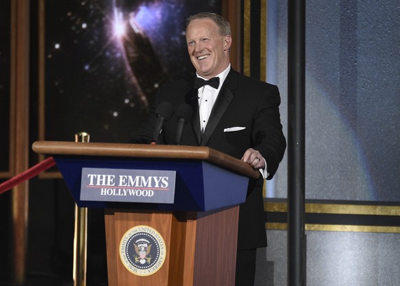 Sean Spicer speaks at the 69th Primetime Emmy Awards on Sunday, Sept. 17, 2017, at the Microsoft Theater in Los Angeles. (Photo by Chris Pizzello/Invision/AP)