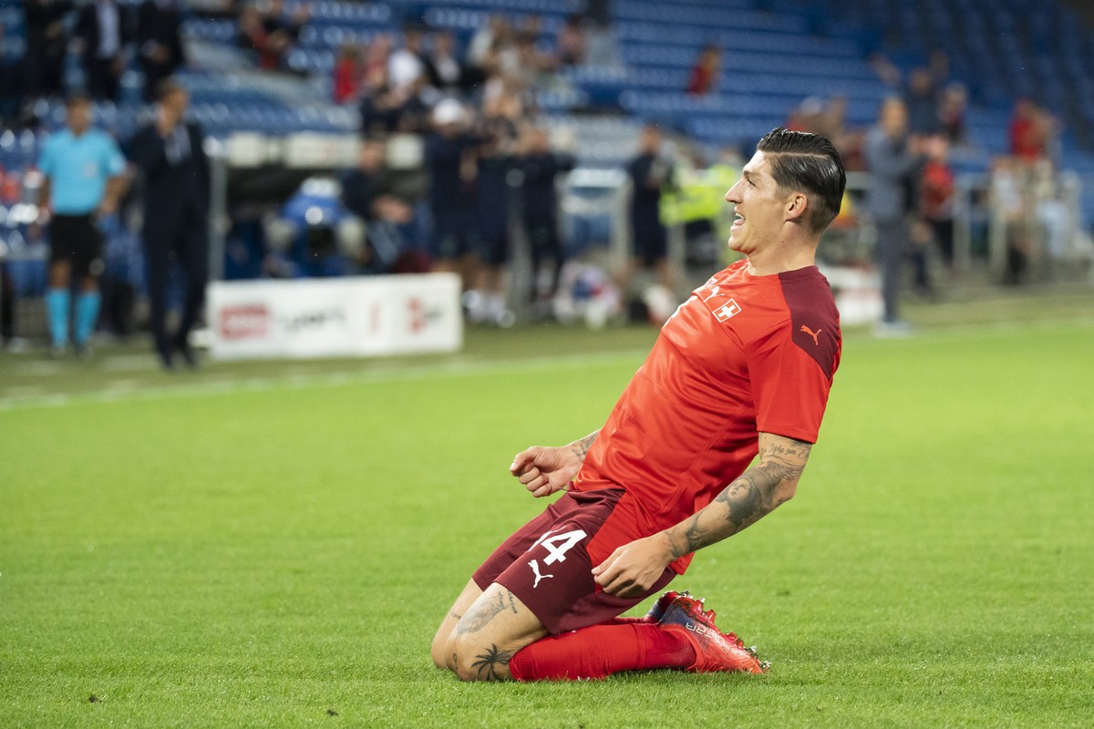 Switzerland's Steven Zuber celebrates after scoring 1-0 during a soccer test match between Switzerland and Greece at the St. Jakob-Park stadium in Basel, Switzerland, on Wednesday, 1 September 20 ...