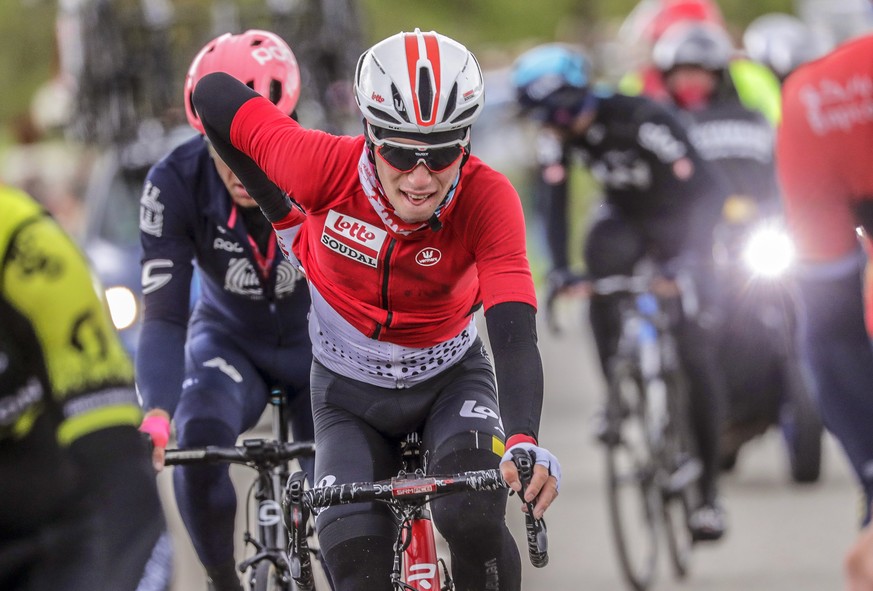 epa07758252 (FILE) A file picture taken on 28 April 2019 of Belgian rider Bjorg Lambrecht of the Lotto Soudal team in action during the Liege Bastogne Liege one day classic cycling race near Houffaliz ...