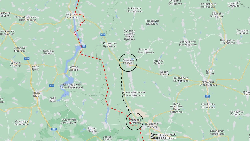 Die aktuelle Front (rot, Stand 5.10.2022) im Nordosten der Ukraine und die erwartete Widerstandslinie zwischen Swatowe und Kreminna.