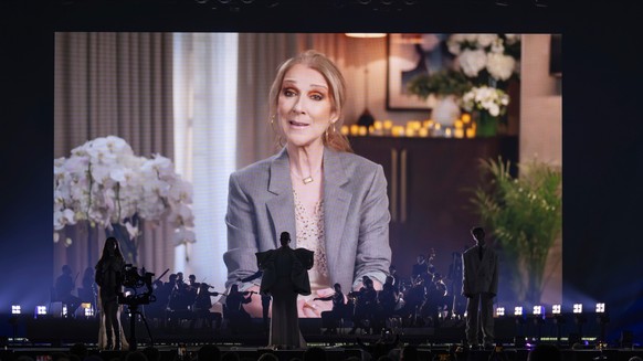 A video message from Celine Dion during the dress rehearsal and preview show of the first semi-final at the 69th Eurovision Song Contest in Basel, Switzerland, Monday, May 12, 2025. (Georgios Kefalas/ ...