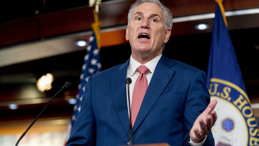 FILE - House Minority Leader Kevin McCarthy of Calif. speaks at a news conference on Capitol Hill in Washington, July 29, 2022. McCarthy warned Tuesday, Oct. 18, that Republicans will not write a