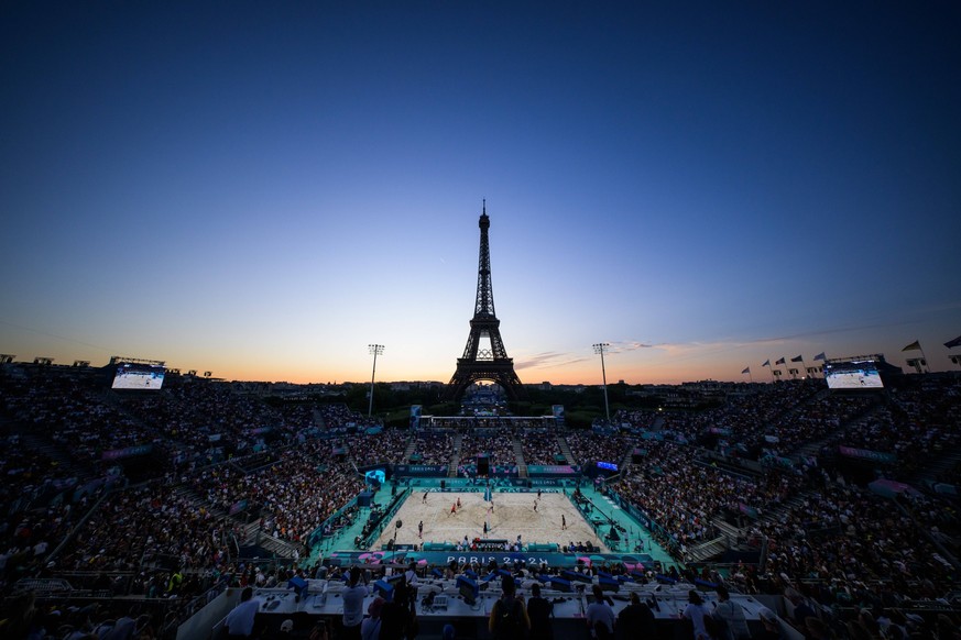 240728 Anders Mol and Christian Sorum of Norway play against Esteban Grimalt and Marco Grimalt of Chile in a men s preliminary round Beach volleyball, Beachvolleyball match during day 2 of the Paris 2 ...