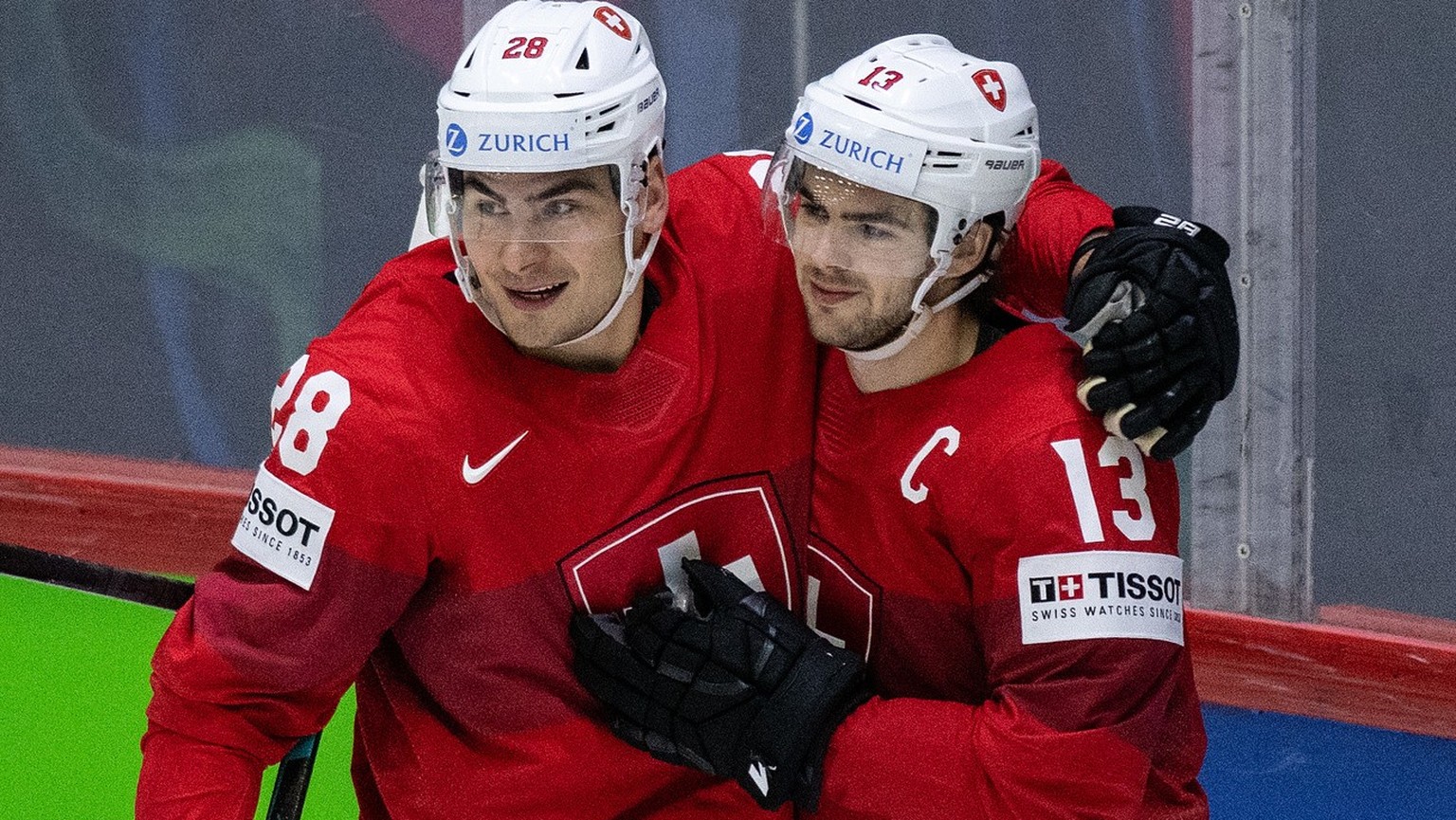 Switzerland&#039;s Timo Meier, left, and Nico Hischier celebrate the goal to 4-2 during the Ice Hockey World Championship group A preliminary round match between Switzerland and Slovakia in Helsinki a ...