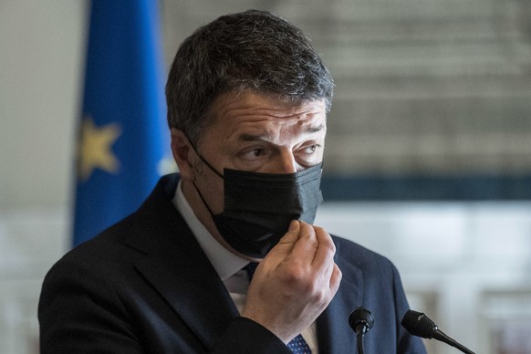 epa08988926 Leader of Italia Viva (Italy Alive, IV) party Matteo Renzi during a press conference after meeting with premier-designate Mario Draghi at the Lower House in Rome, Italy, 05 February 2021.  ...